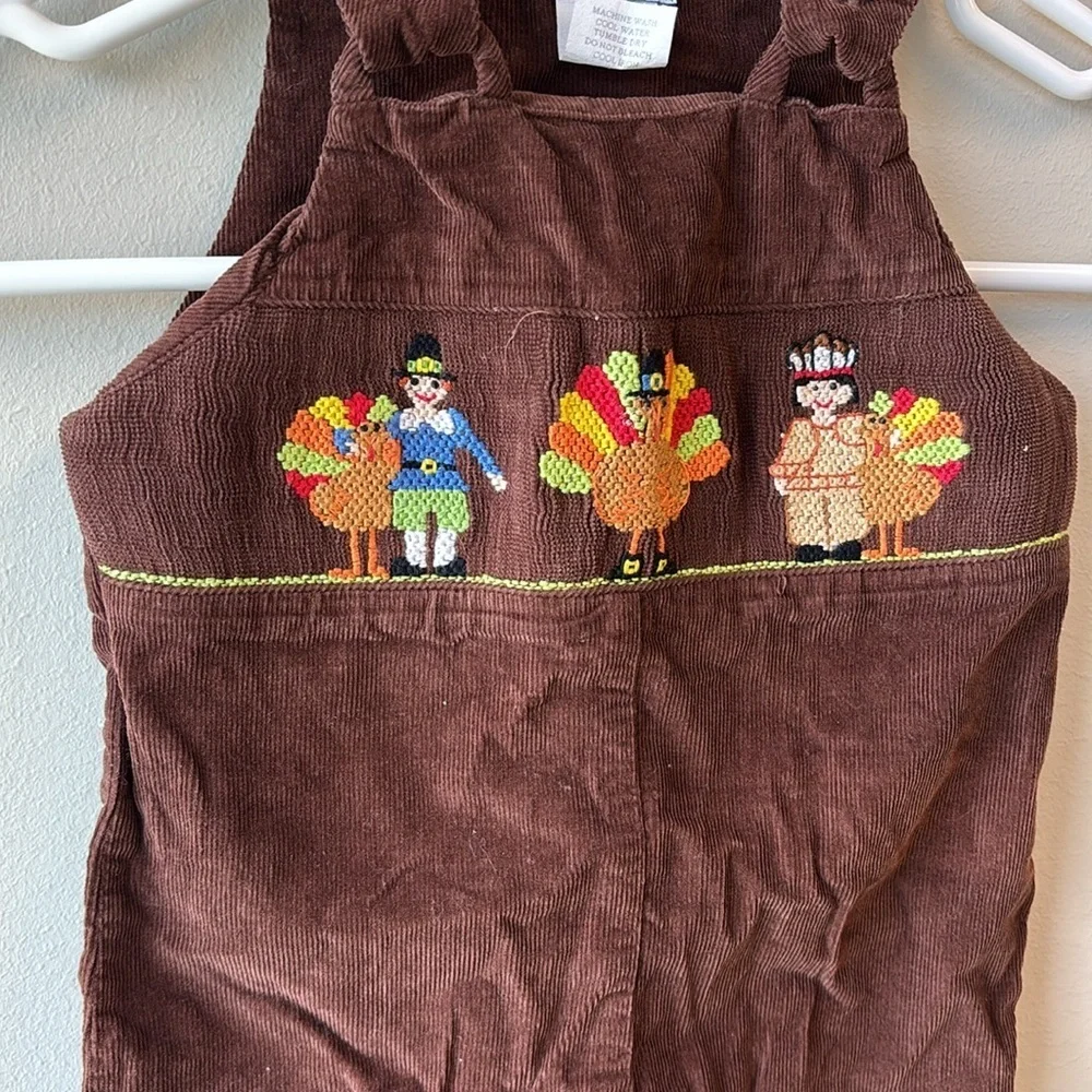 Vive La Fete Brown Corduroy Overalls with Embroidered Design Thanksgiving